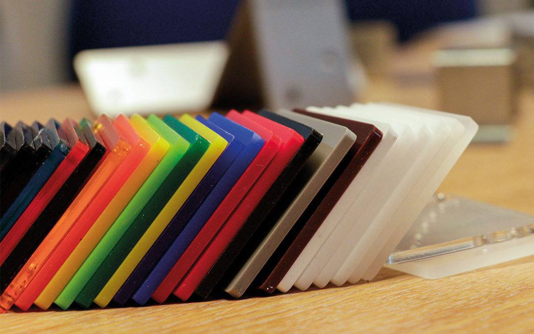 Colourful samples of plastic acrylic sheets in the office